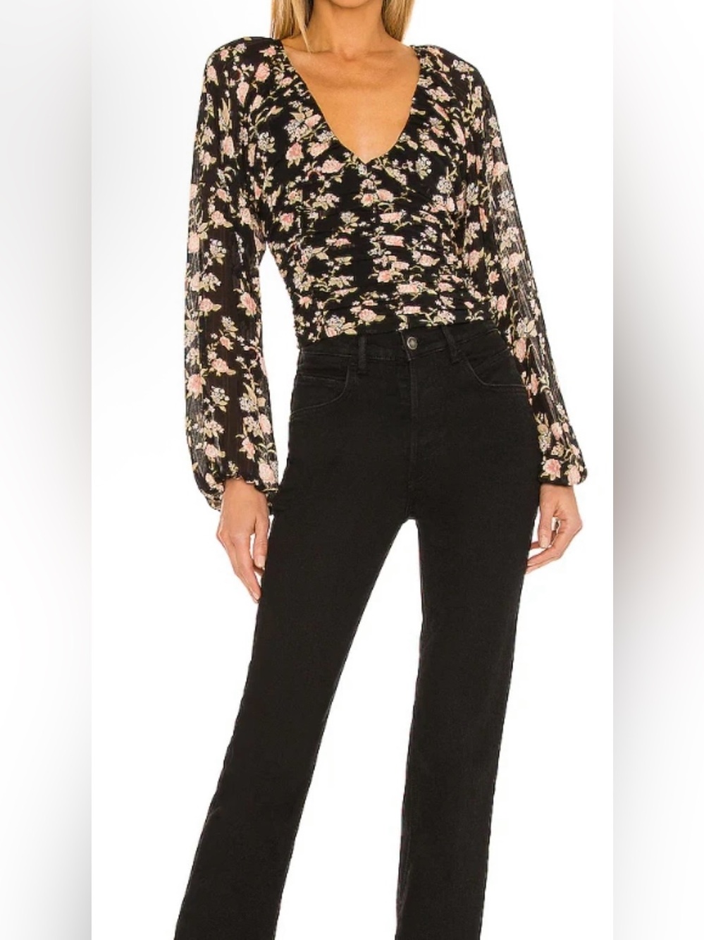 Free People Black Floral Ruched V-Neck Long Sleeve Blouse - Size XS